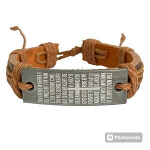 Vintage The Lords Prayer Leather Bracelet Mens Womens Adjustable Rope Catholic